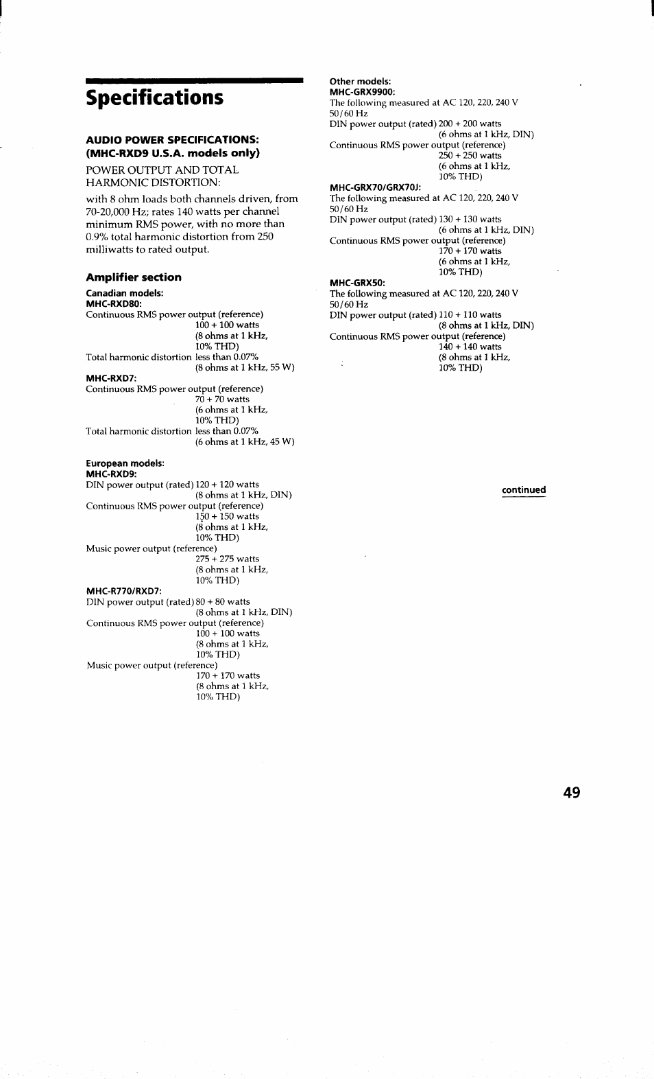 Specifications | Sony MHC-RXD9 User Manual | Page 49 / 56