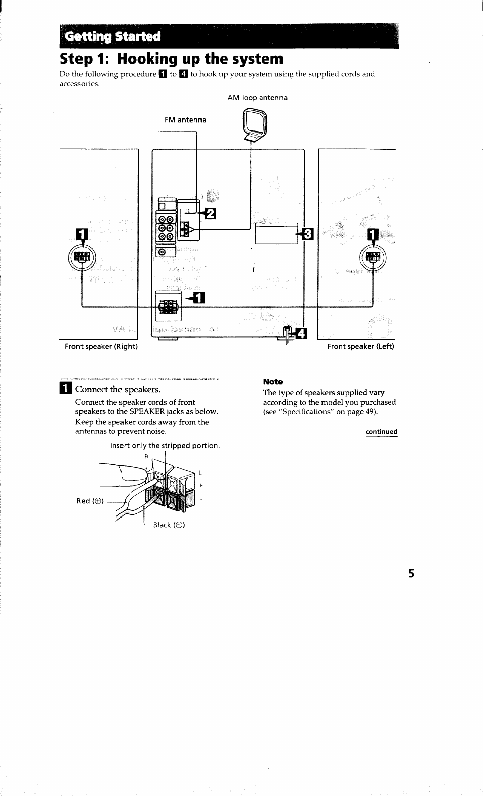 Siepi: hooking up the system, Hooking up the system, Started | Getting | Sony MHC-RXD9 User Manual | Page 5 / 56