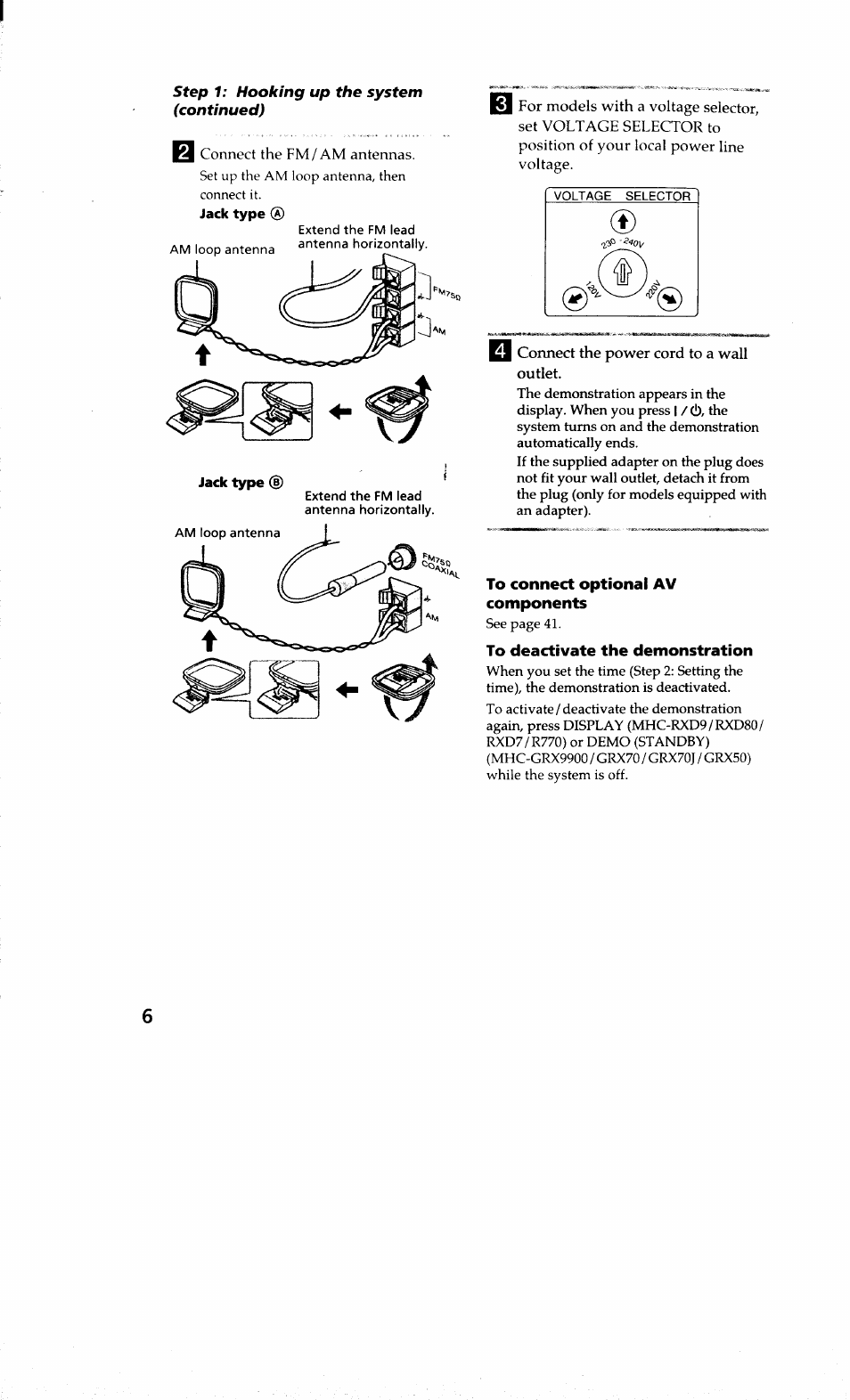 To connect optional av components, To deactivate the demonstration | Sony MHC-RXD9 User Manual | Page 6 / 56