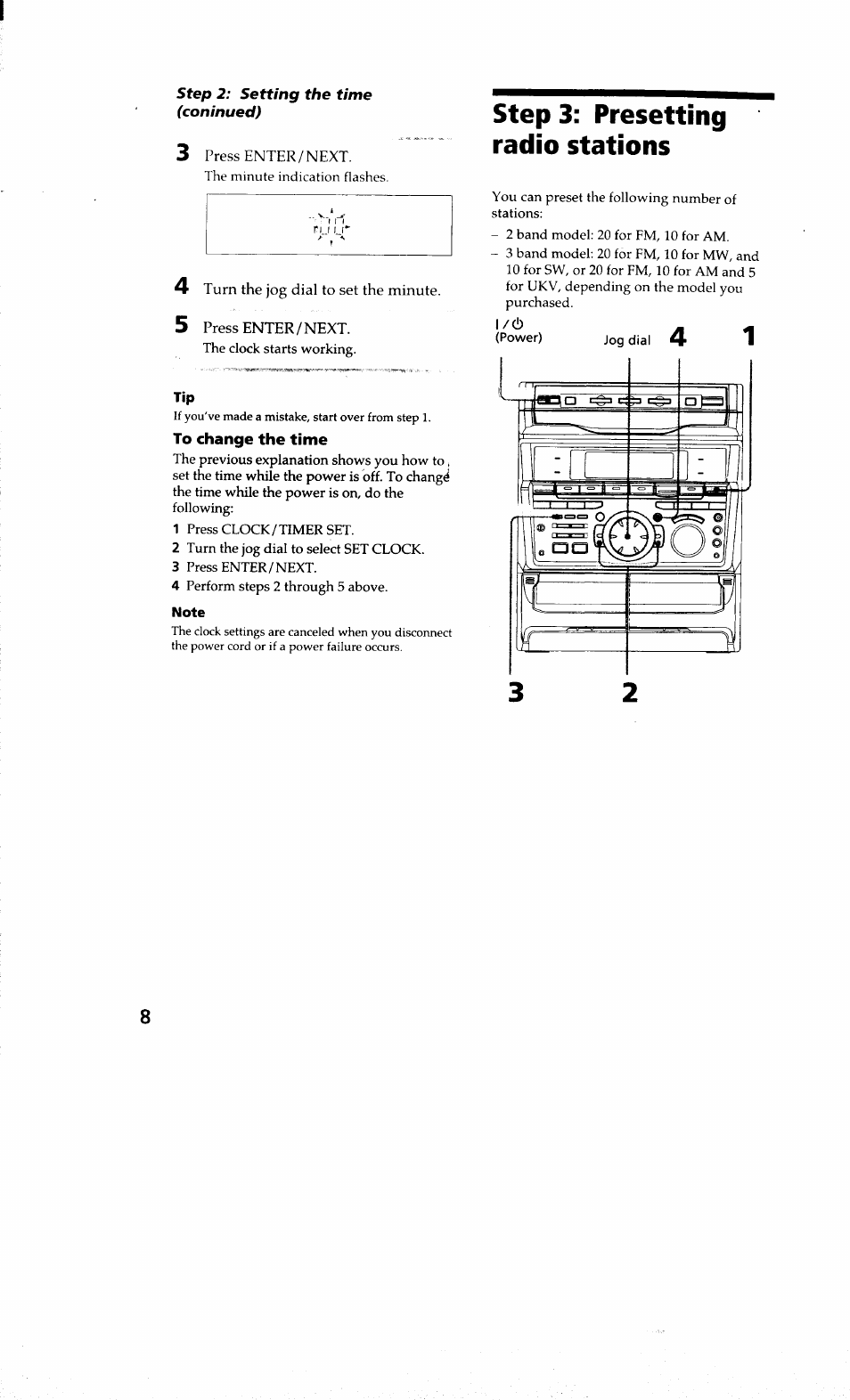 To change the time, Step 3: presetting radio stations, Presetting radio stations | Sony MHC-RXD9 User Manual | Page 8 / 56