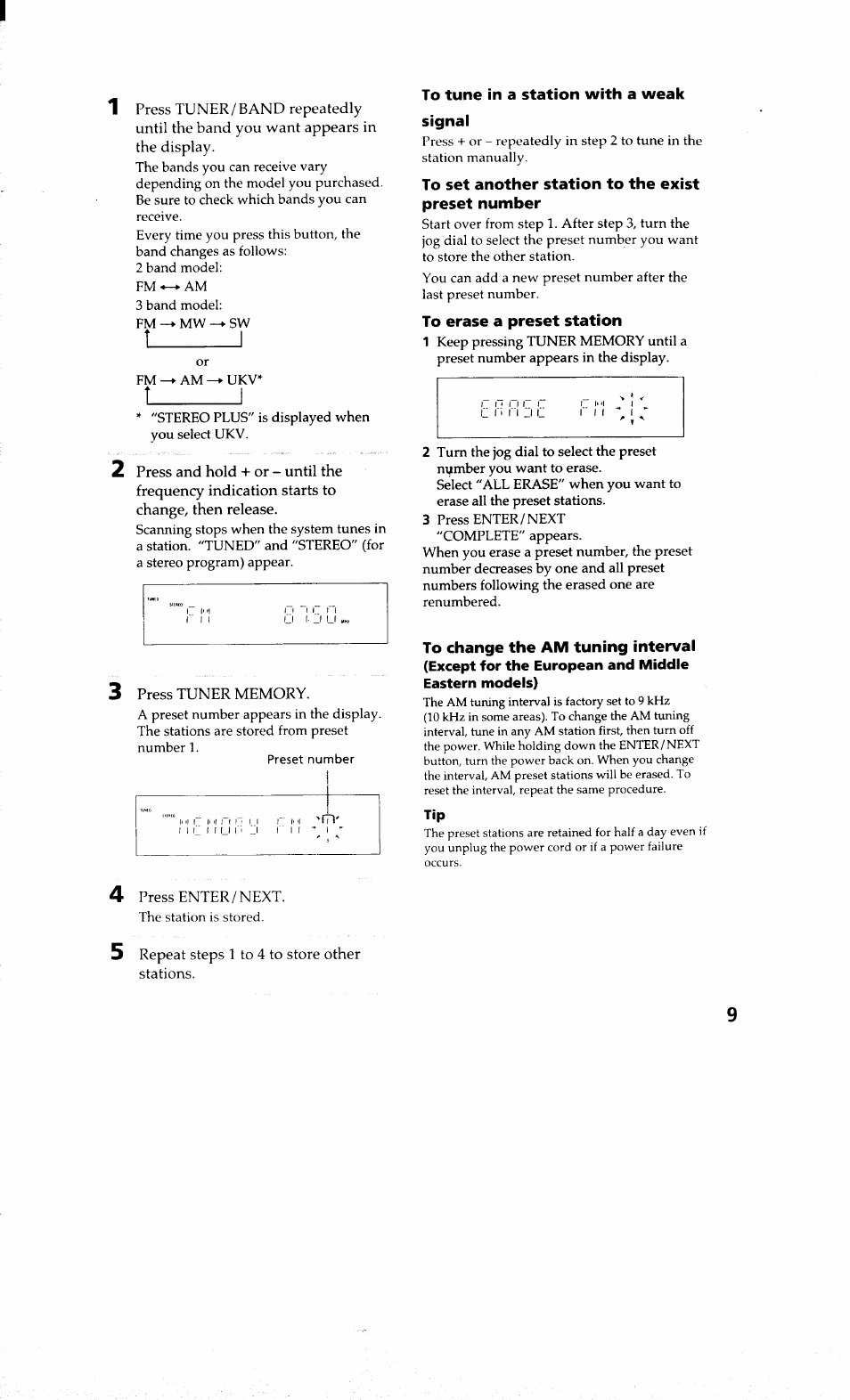 To tune in a station with a weak signal, To set another station to the exist preset number, To erase a preset station | T________ i | Sony MHC-RXD9 User Manual | Page 9 / 56