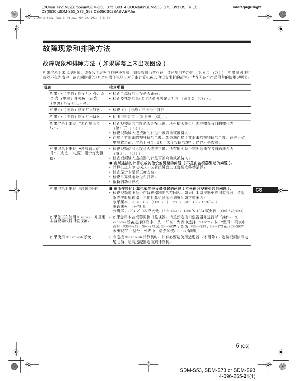 故障象和排除方法, 故障象和排除方法如果屏幕上未出像, 故障现象和排除方法 | 故障现象和排除方法 如果屏幕上未出现图像 | Sony SDM-S53 User Manual | Page 23 / 28