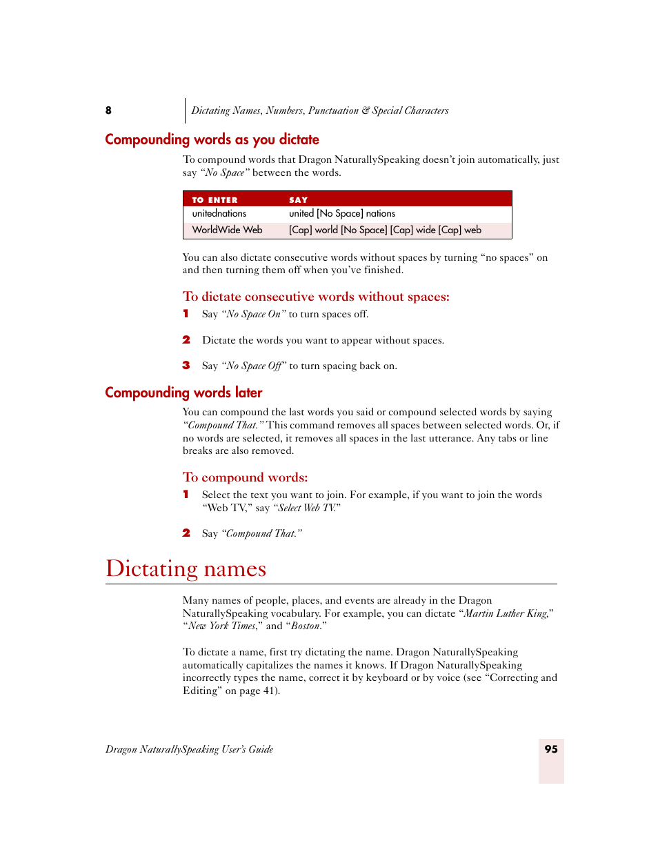 Compounding words as you dictate, Compounding words later, Dictating names | Sony ICD-MS515VTP User Manual | Page 101 / 222