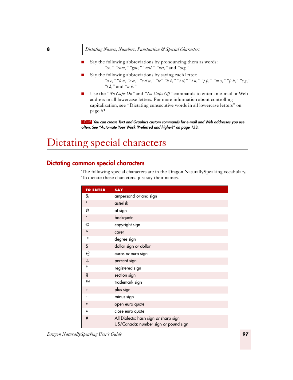 Dictating special characters, Dictating common special characters | Sony ICD-MS515VTP User Manual | Page 103 / 222