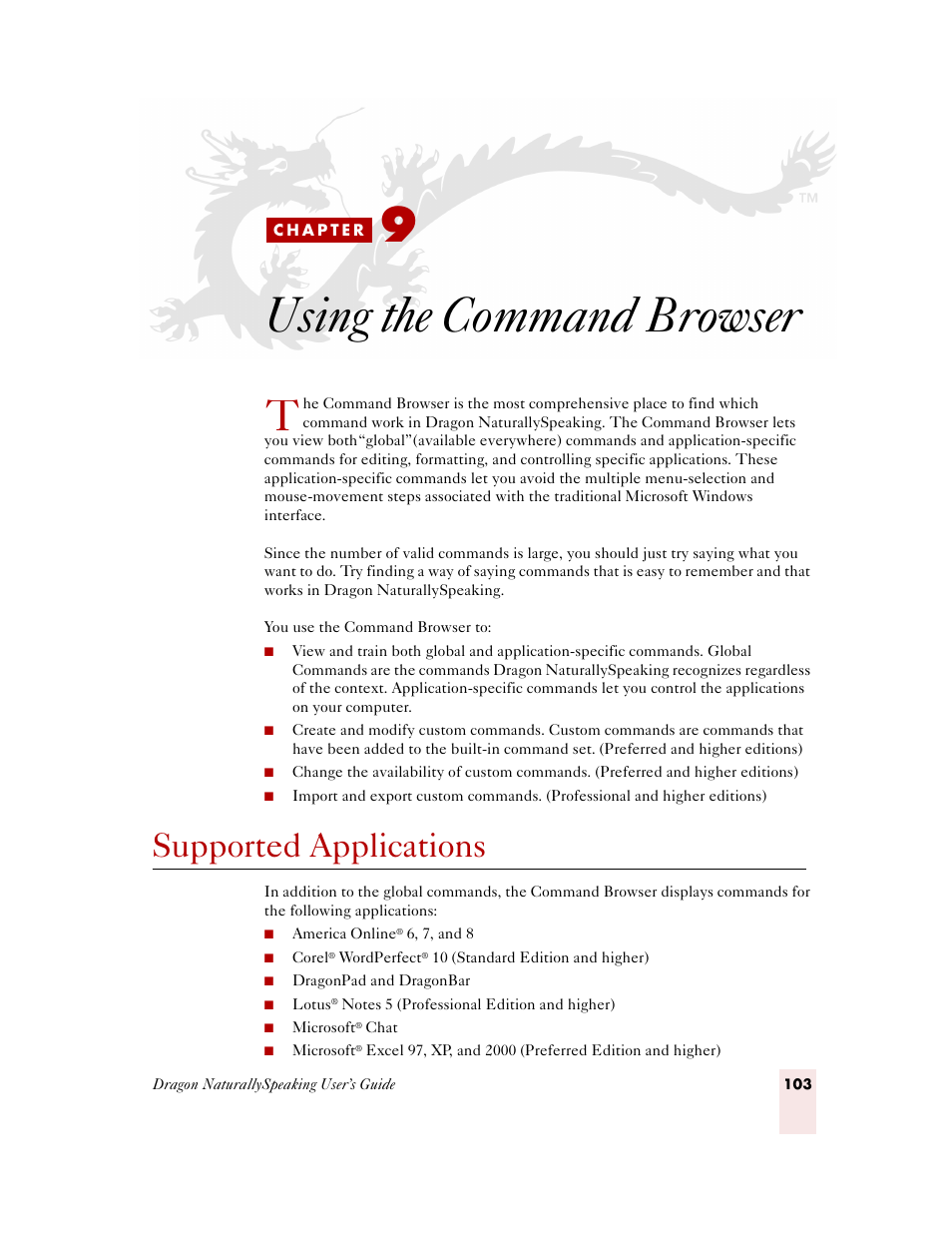 Using the command browser, Supported applications, C h a p t e r 9 | Usin, Ee “using the command browser | Sony ICD-MS515VTP User Manual | Page 109 / 222