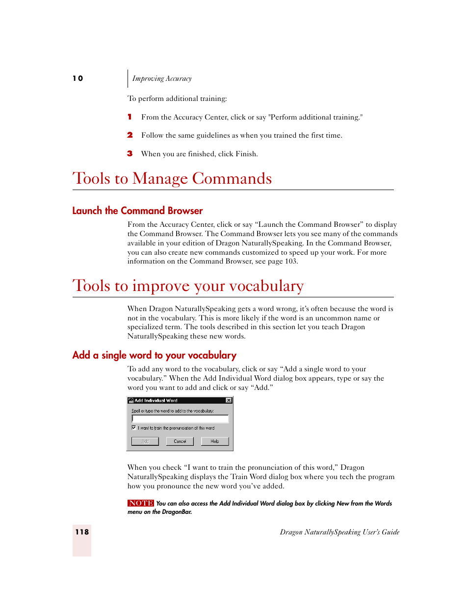 Tools to manage commands, Launch the command browser, Tools to improve your vocabulary | Add a single word to your vocabulary | Sony ICD-MS515VTP User Manual | Page 124 / 222