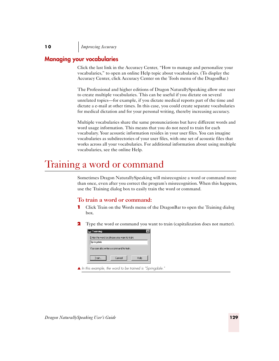 Managing your vocabularies, Training a word or command | Sony ICD-MS515VTP User Manual | Page 135 / 222