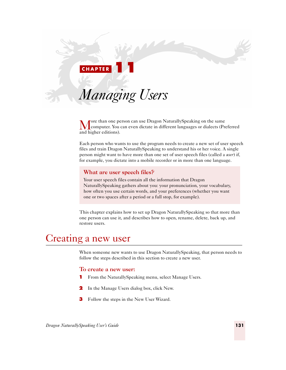 Managing users, Creating a new user, C h a p t e r 1 1 | Sony ICD-MS515VTP User Manual | Page 137 / 222