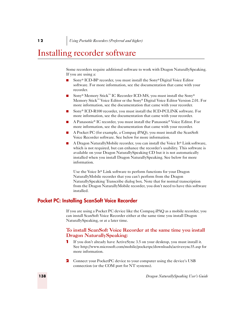 Installing recorder software, Pocket pc: installing scansoft voice recorder | Sony ICD-MS515VTP User Manual | Page 144 / 222