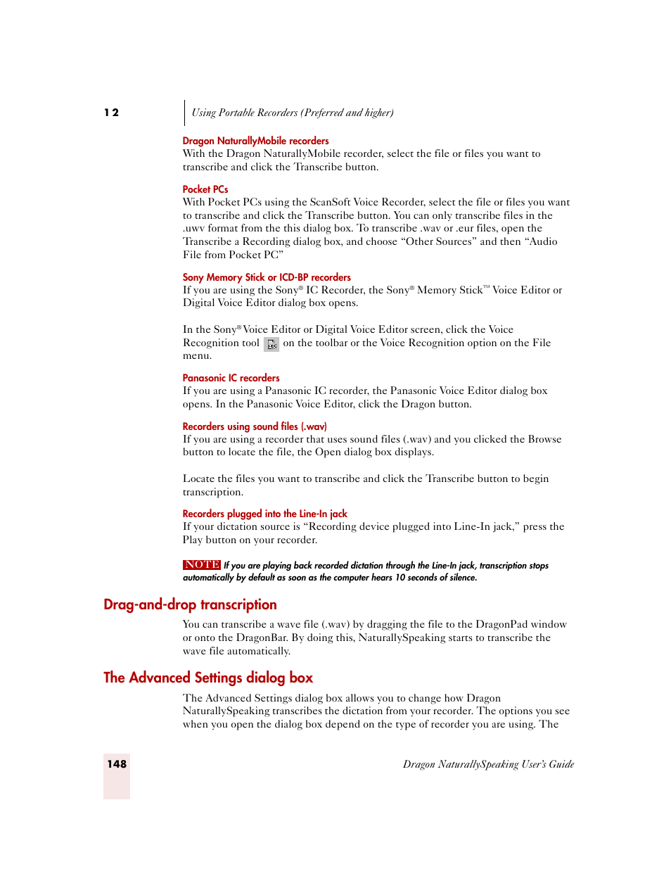 Drag-and-drop transcription, The advanced settings dialog box, E “the advanced settings dialog box | Sony ICD-MS515VTP User Manual | Page 154 / 222