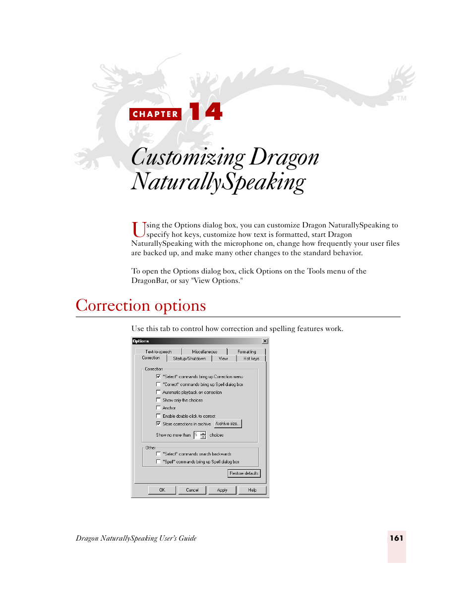 Customizing dragon naturallyspeaking, Correction options, C h a p t e r 1 4 | Custom | Sony ICD-MS515VTP User Manual | Page 167 / 222