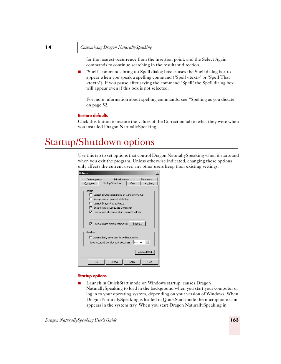 Startup/shutdown options, E “startup/ shutdown options, Startup/shutdown options” on p | 163 f | Sony ICD-MS515VTP User Manual | Page 169 / 222