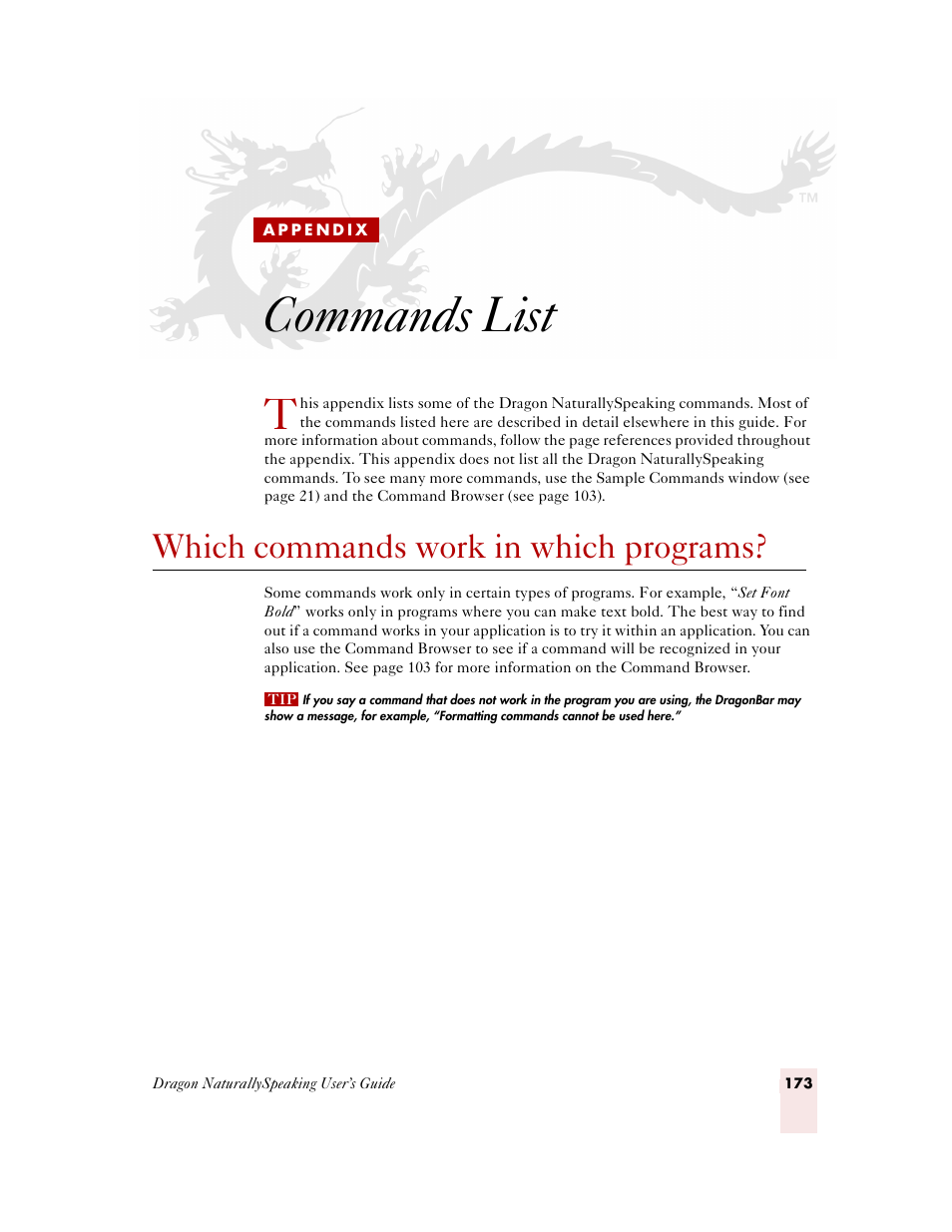 Commands list, Which commands work in which programs, Appendix | Command, E commands list | Sony ICD-MS515VTP User Manual | Page 179 / 222