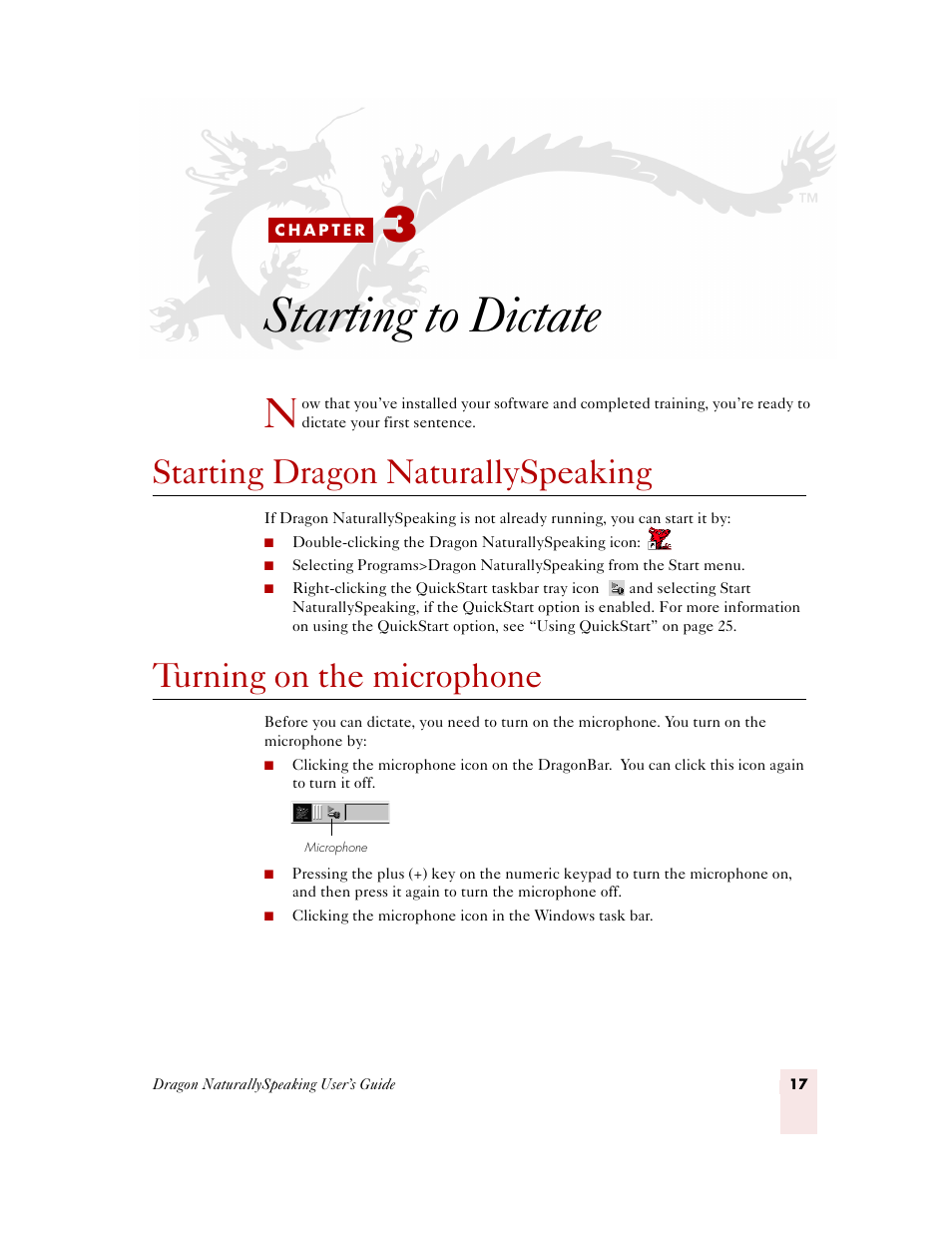 Starting to dictate, Starting dragon naturallyspeaking, Turning on the microphone | C h a p t e r 3, Starting to | Sony ICD-MS515VTP User Manual | Page 23 / 222