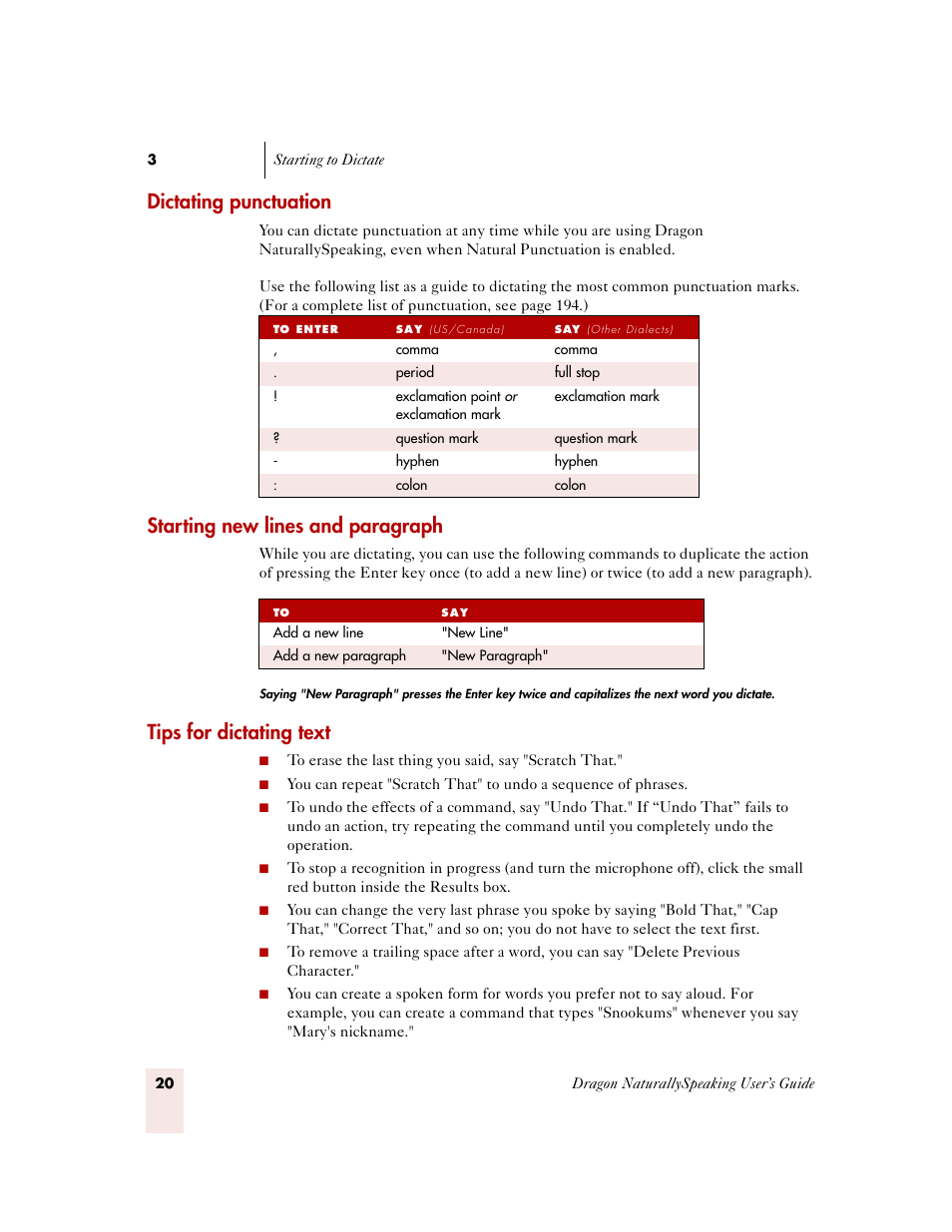 Dictating punctuation, Starting new lines and paragraph, Tips for dictating text | Sony ICD-MS515VTP User Manual | Page 26 / 222