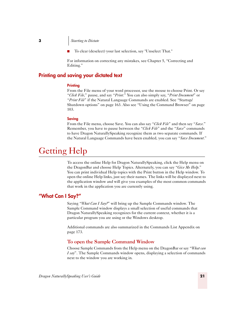 Printing and saving your dictated text, Getting help, What can i say | Sony ICD-MS515VTP User Manual | Page 27 / 222