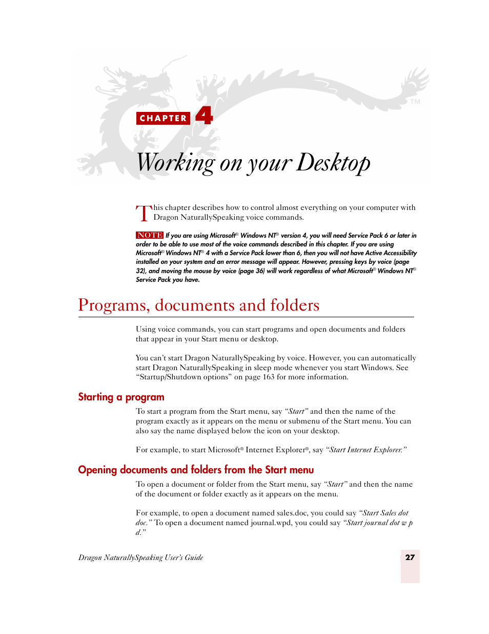 Working on your desktop, Programs, documents and folders, Starting a program | Opening documents and folders from the start menu, C h a p t e r 4, Worki | Sony ICD-MS515VTP User Manual | Page 33 / 222