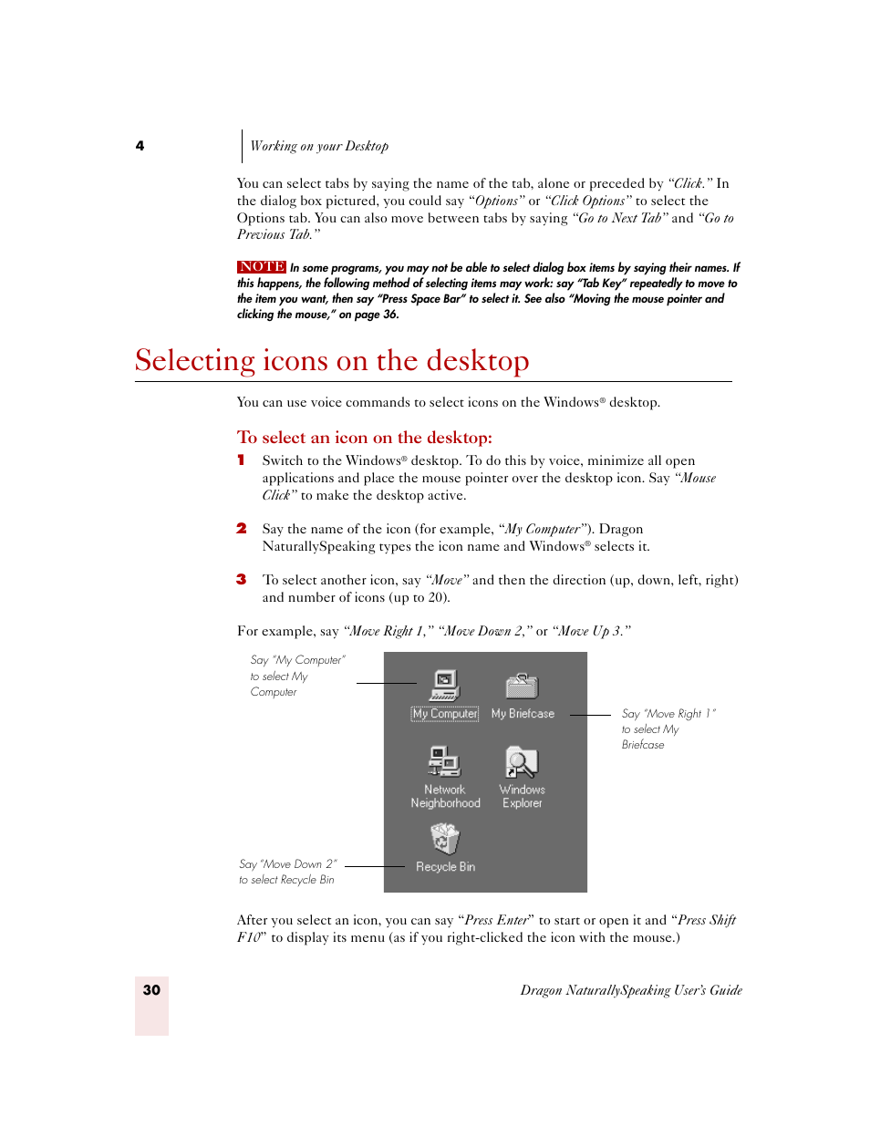 Selecting icons on the desktop | Sony ICD-MS515VTP User Manual | Page 36 / 222