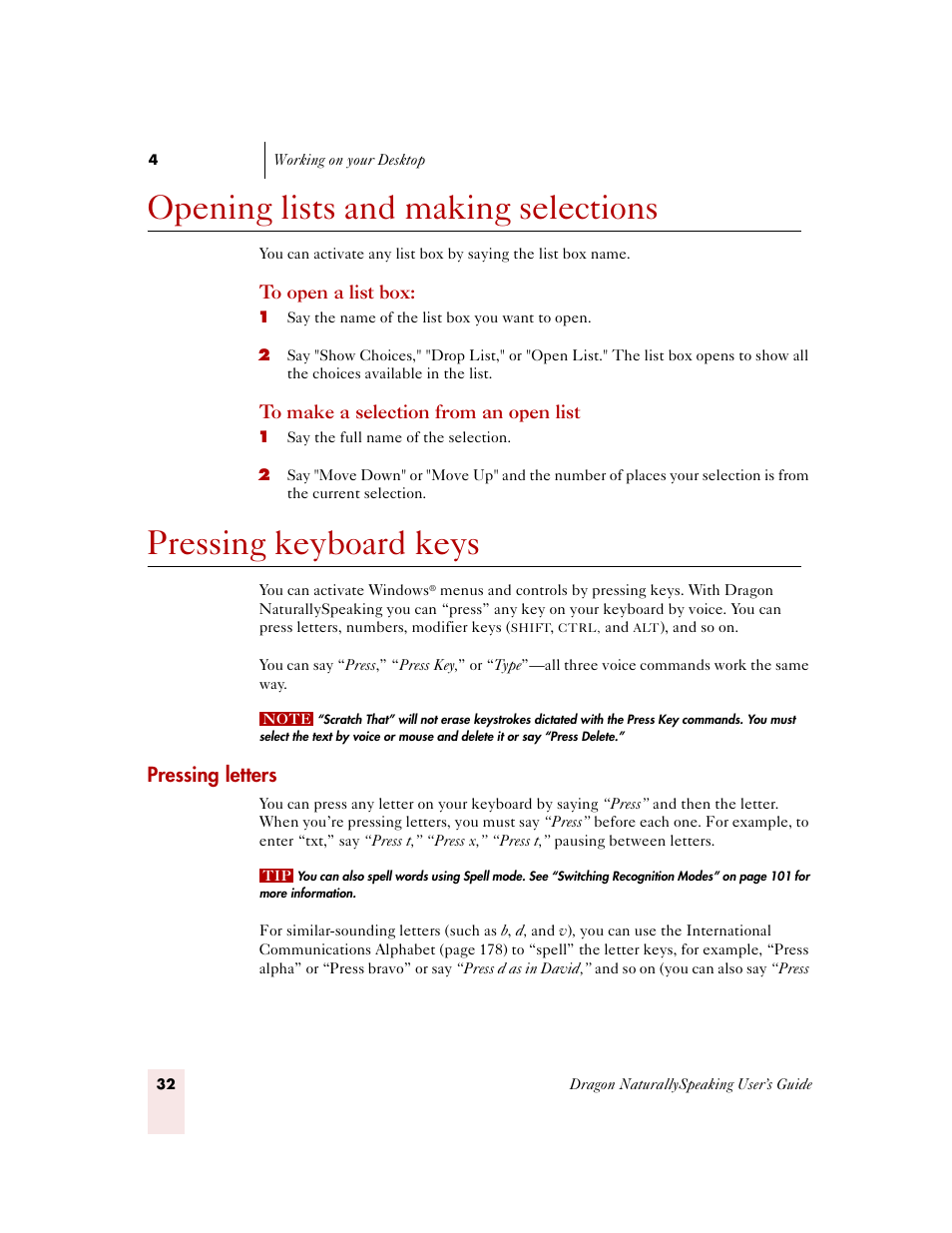 Opening lists and making selections, Pressing keyboard keys, Pressing letters | Sony ICD-MS515VTP User Manual | Page 38 / 222