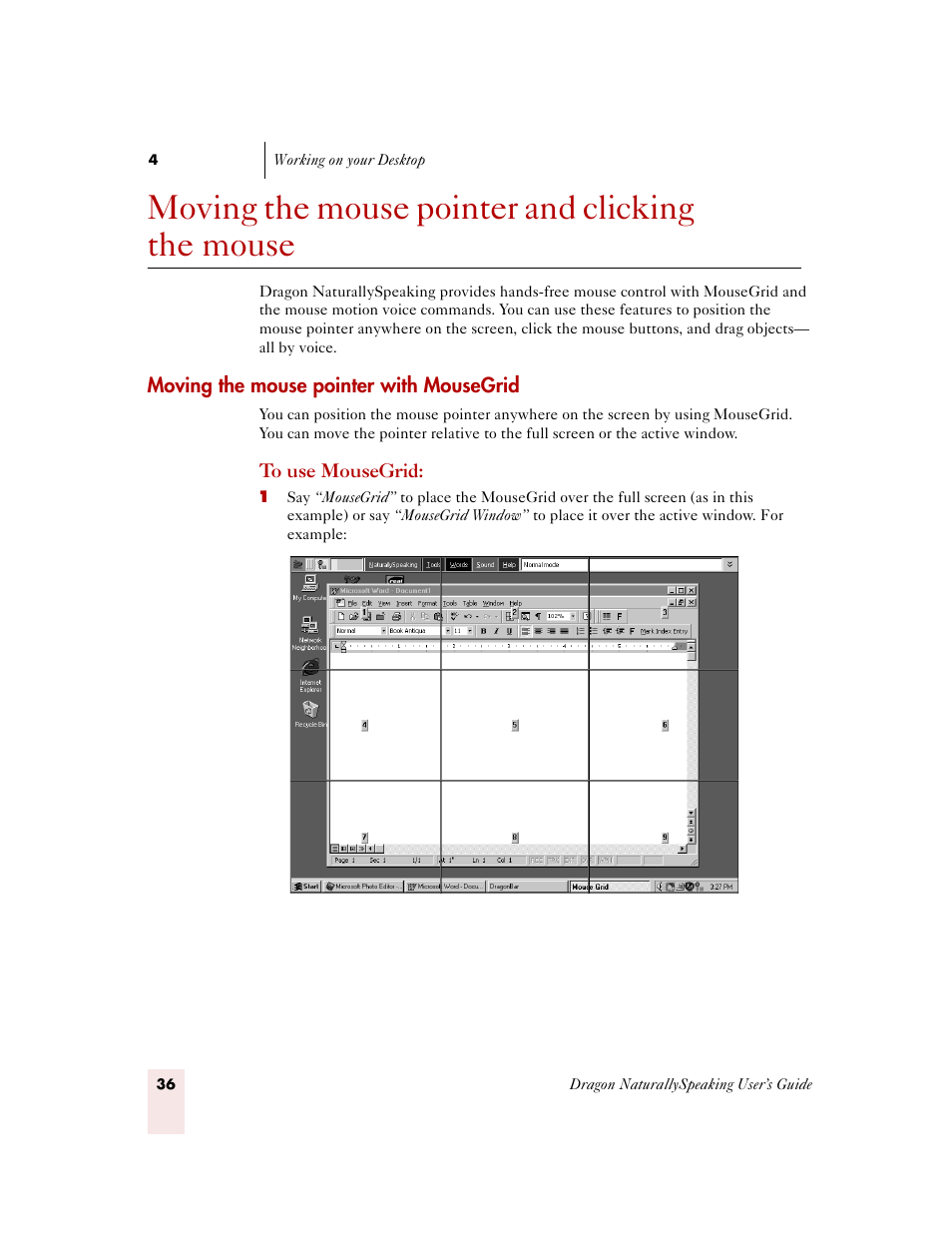 Moving the mouse pointer and clicking the mouse, Moving the mouse pointer with mousegrid | Sony ICD-MS515VTP User Manual | Page 42 / 222