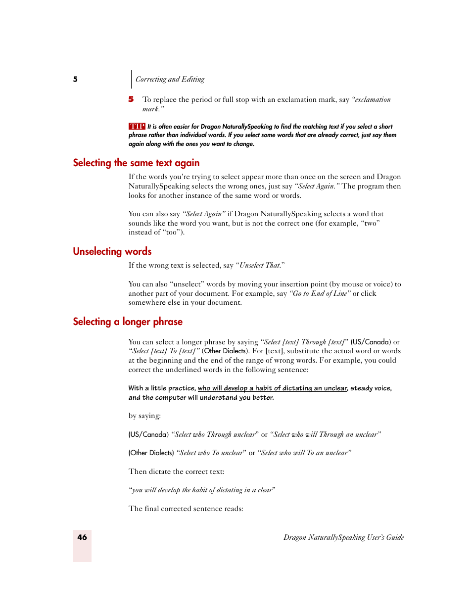 Selecting the same text again, Unselecting words, Selecting a longer phrase | Sony ICD-MS515VTP User Manual | Page 52 / 222