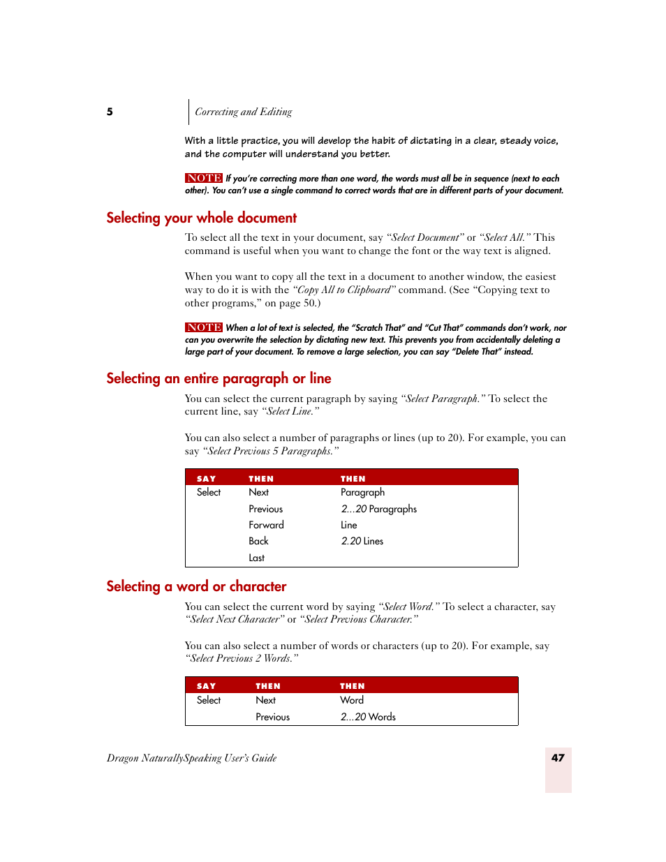 Selecting your whole document, Selecting an entire paragraph or line, Selecting a word or character | Sony ICD-MS515VTP User Manual | Page 53 / 222