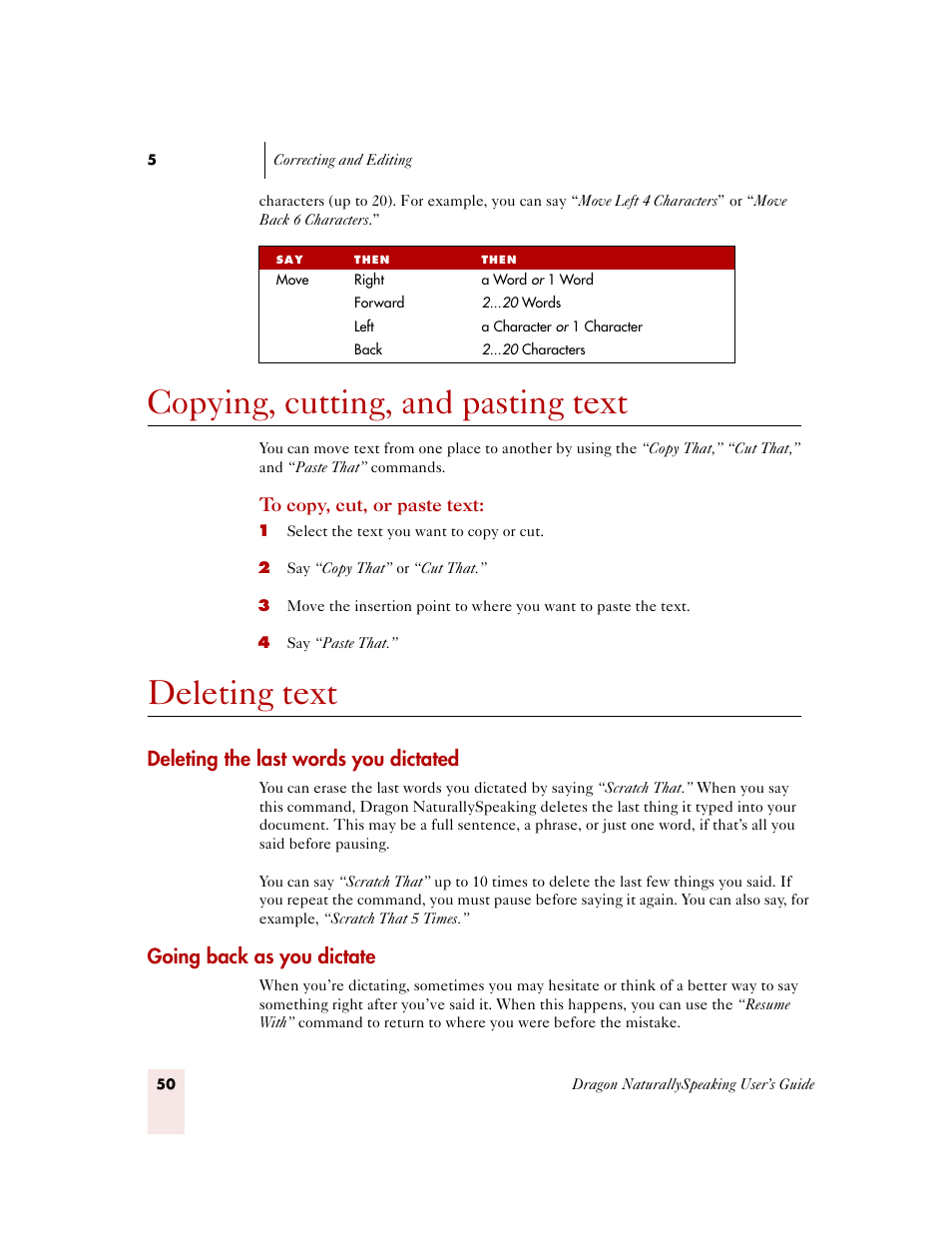 Copying, cutting, and pasting text, Deleting text, Deleting the last words you dictated | Going back as you dictate | Sony ICD-MS515VTP User Manual | Page 56 / 222