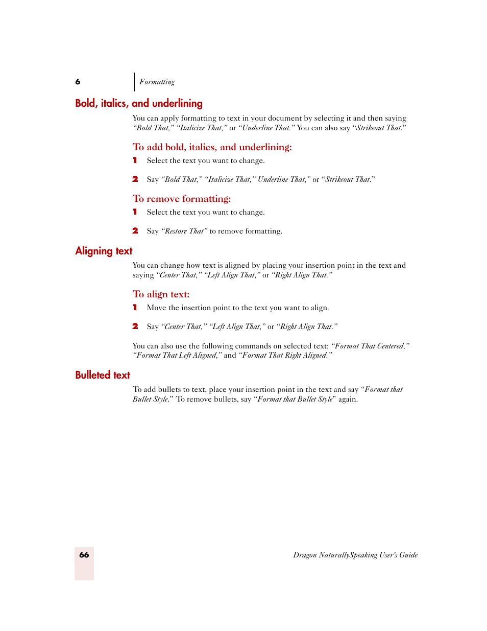 Bold, italics, and underlining, Aligning text, Bulleted text | Sony ICD-MS515VTP User Manual | Page 72 / 222