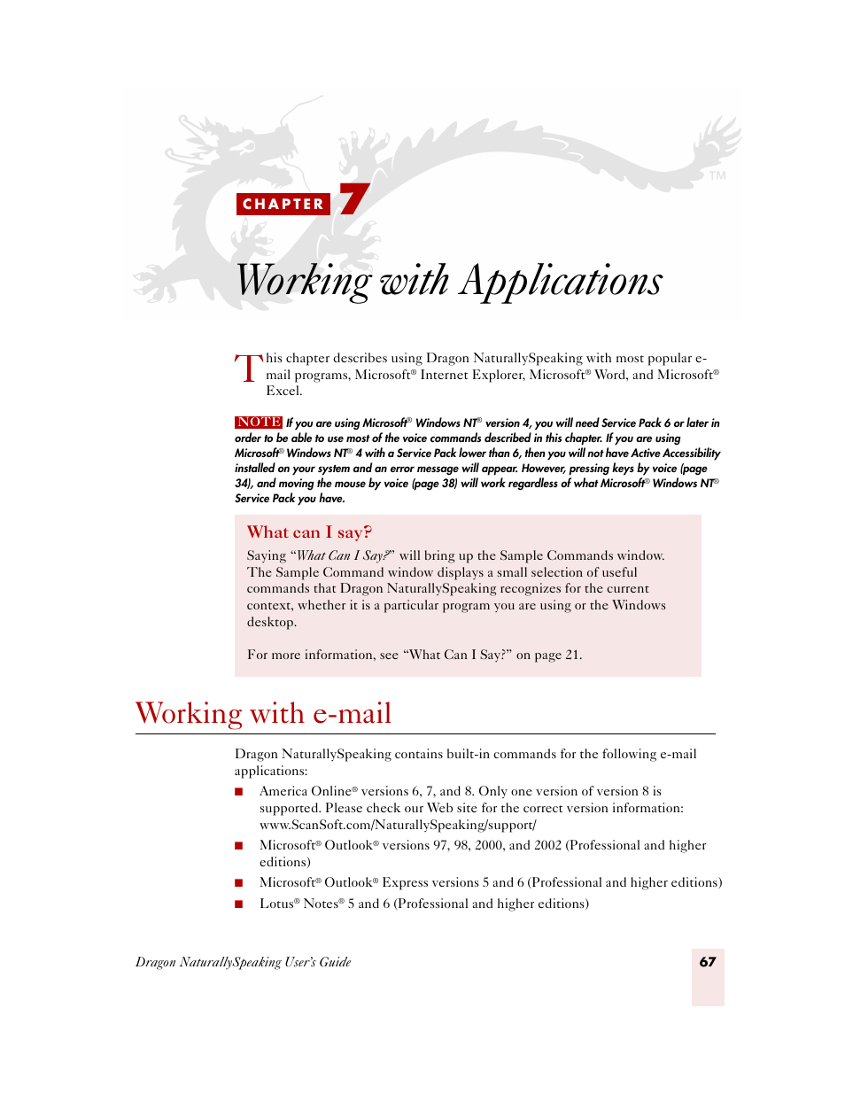 Working with applications, Working with e-mail, C h a p t e r 7 | Worki, What can i say | Sony ICD-MS515VTP User Manual | Page 73 / 222