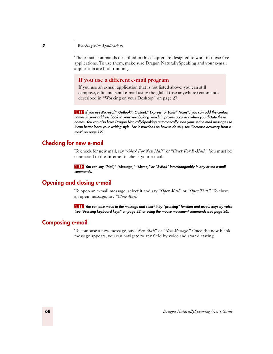 Checking for new e-mail, Opening and closing e-mail, Composing e-mail | If you use a different e-mail program | Sony ICD-MS515VTP User Manual | Page 74 / 222