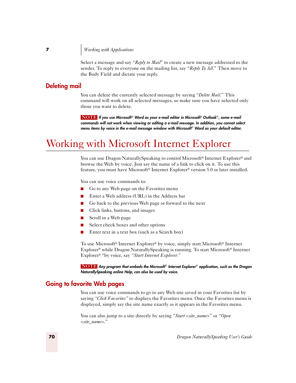 Deleting mail, Working with microsoft internet explorer, Going to favorite web pages | Sony ICD-MS515VTP User Manual | Page 76 / 222