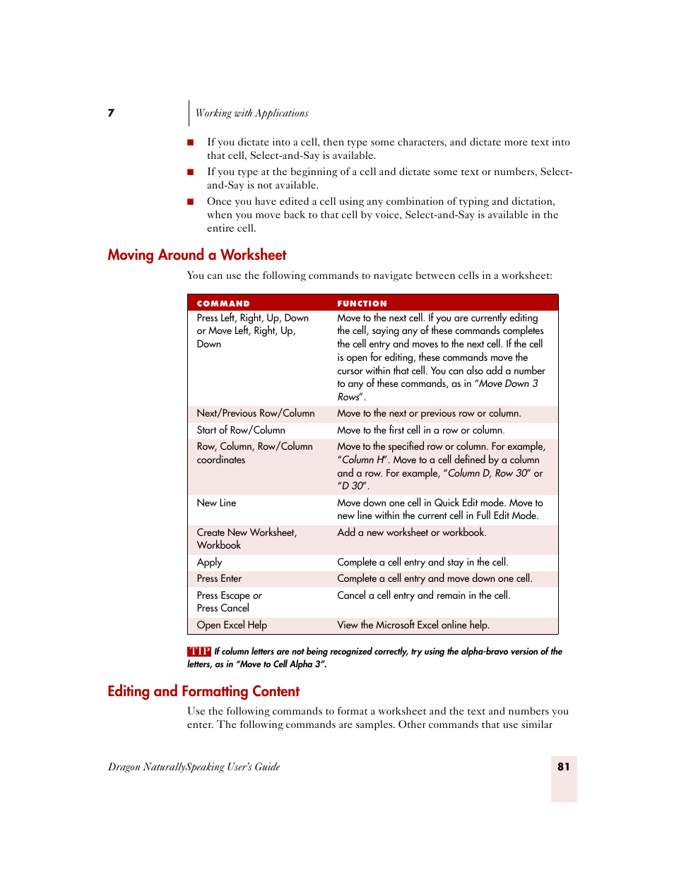 Moving around a worksheet, Editing and formatting content | Sony ICD-MS515VTP User Manual | Page 87 / 222