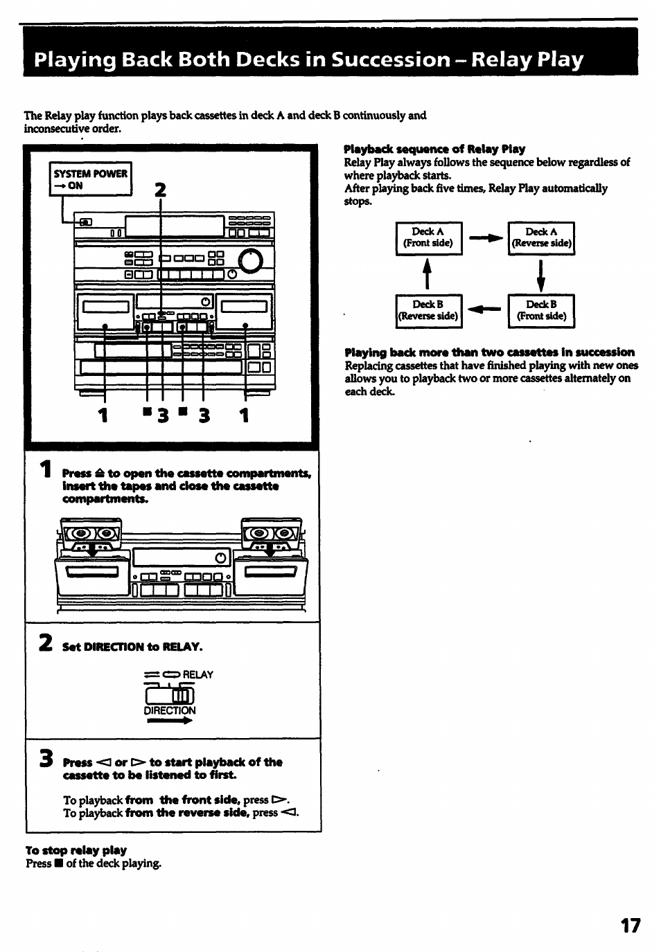 Playing back both decks in succession - relay play, 2 set direction to relay, To stop relay play | Playback sequence of relay play, Playing bade more than two cassettes in succession | Sony HCD-541 User Manual | Page 17 / 32