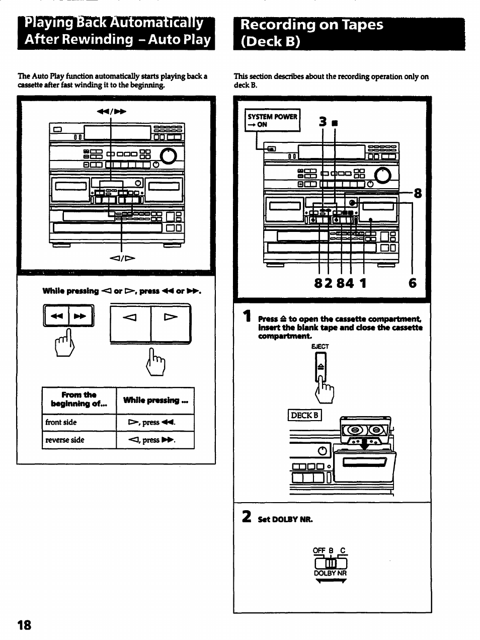While pressing -o or p>-, press or, Recording on tapes (deck b) | Sony HCD-541 User Manual | Page 18 / 32