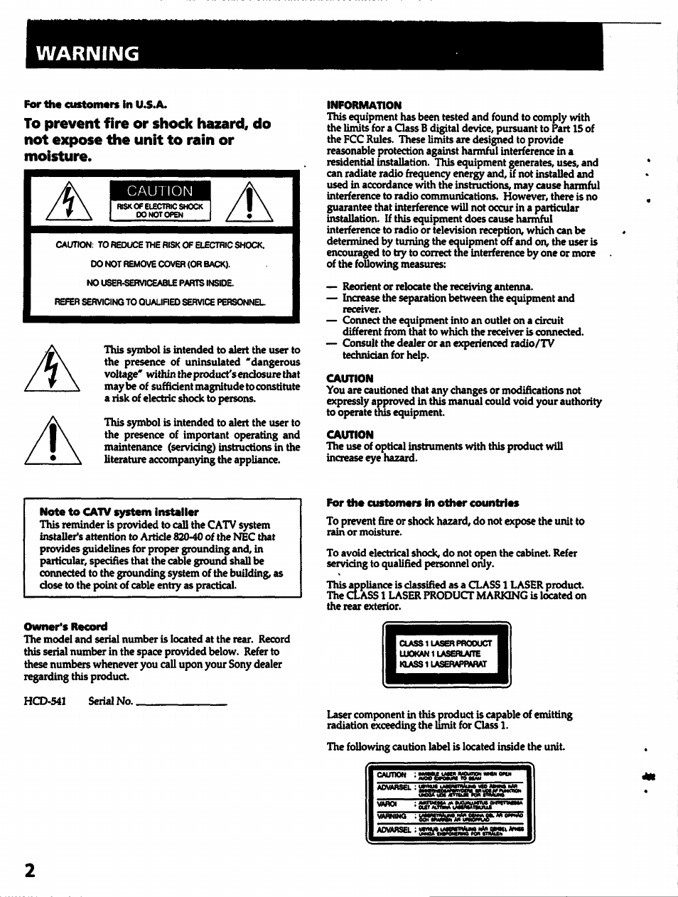 Warning, For the customers in u.s.a, Information | Caution, Note to catv system installer, Owner's record, For the customers in other countries, Aovmsel : ¡asss | Sony HCD-541 User Manual | Page 2 / 32