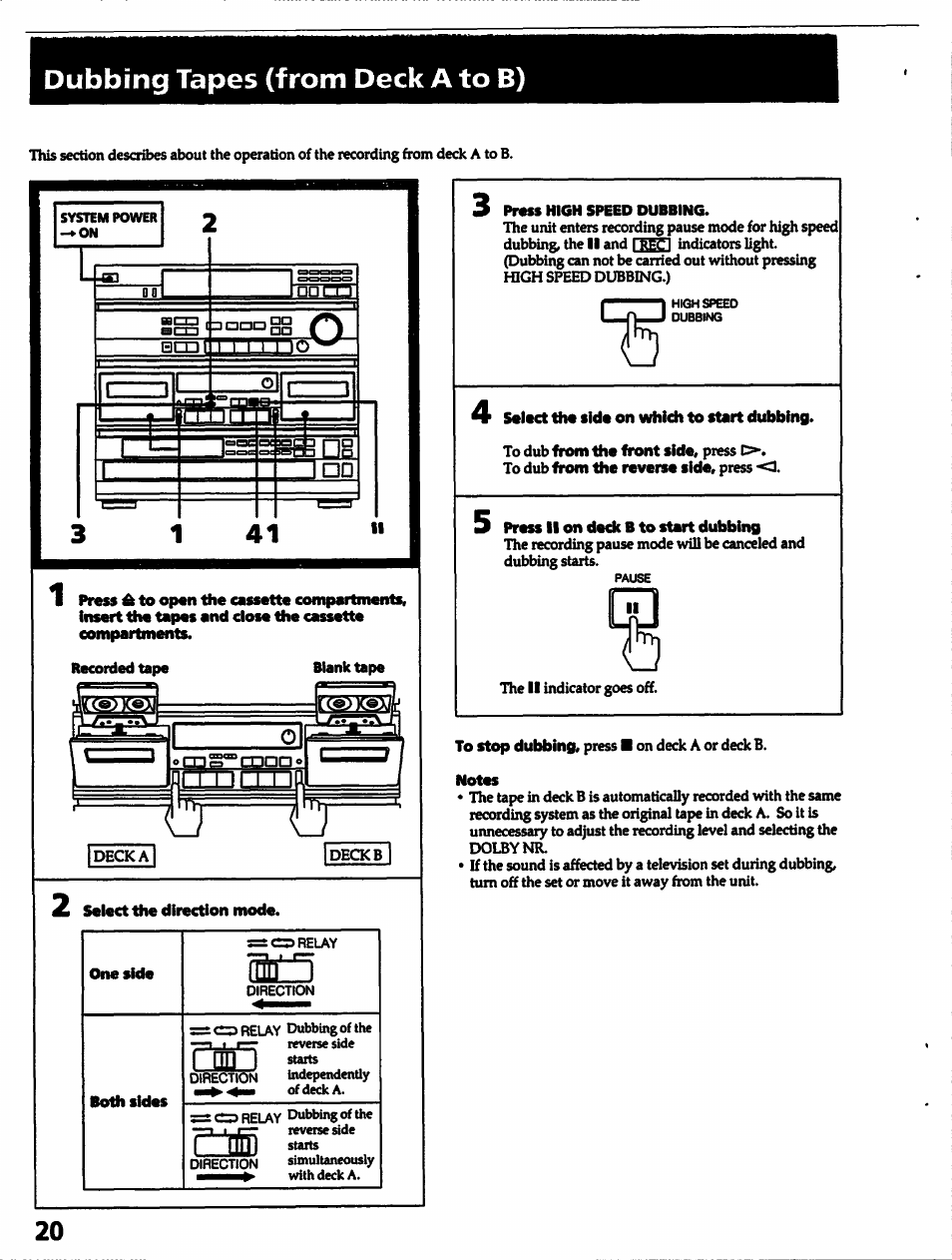 Dubbing tapes (from deck a to b), Press high speed dubbing, Select the side on which to start dubbing | To dub from the front side, press 0, To dub from the reverse side, press <3, 5 press ii on deck b to start dubbing, Notes | Sony HCD-541 User Manual | Page 20 / 32