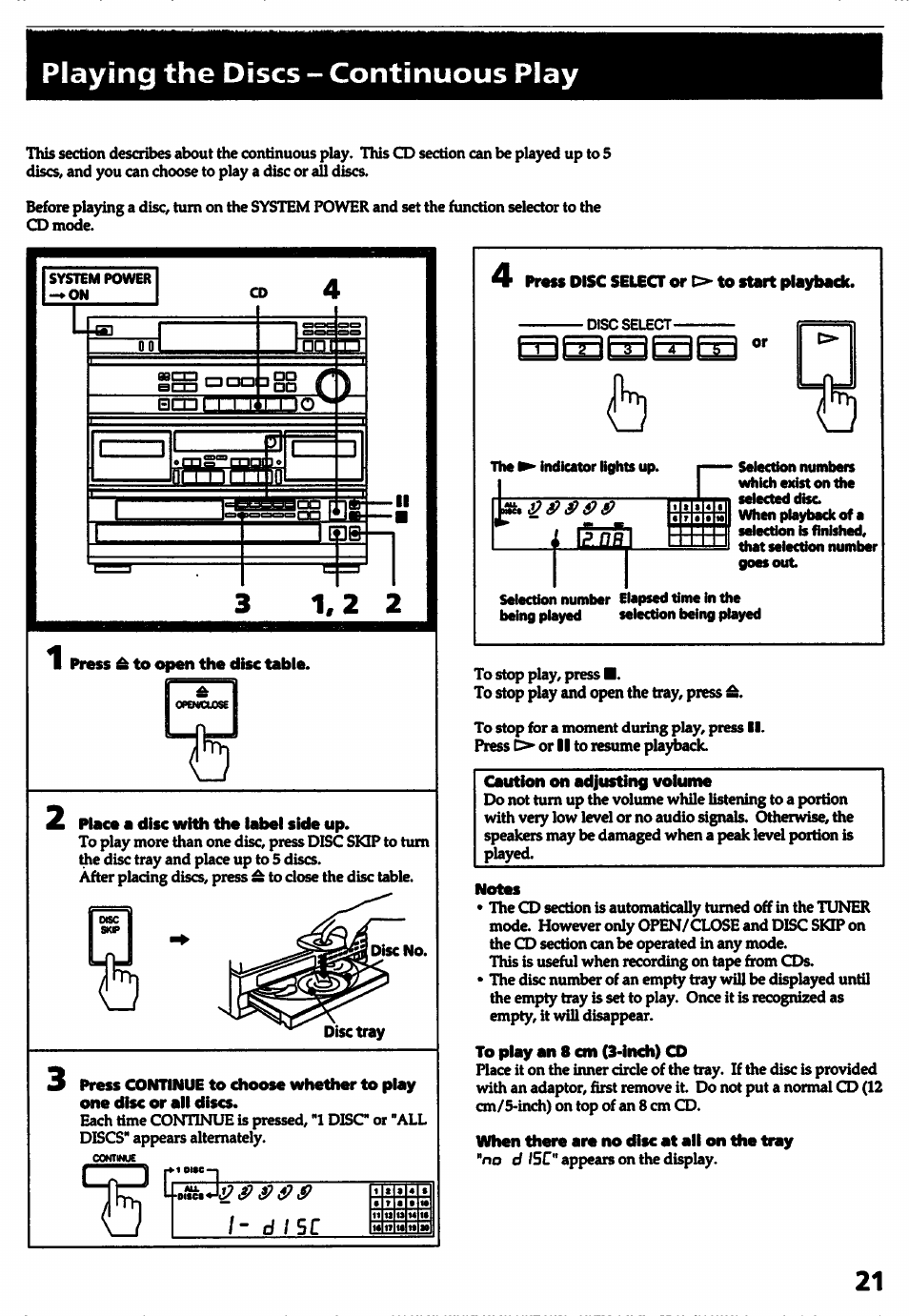 Playing the discs - continuous play, Nnnnn, Caution on adjusting volume | Isiisllsllsl, I - d i s c | Sony HCD-541 User Manual | Page 21 / 32