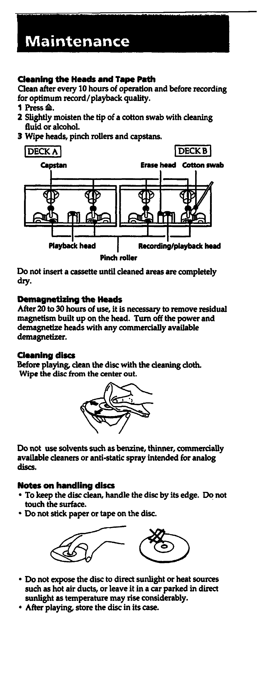 Maintenance, Cleaning the heads and tape path, Demagnetizing the heads | Cleaning discs, Notes on handling discs | Sony HCD-541 User Manual | Page 29 / 32