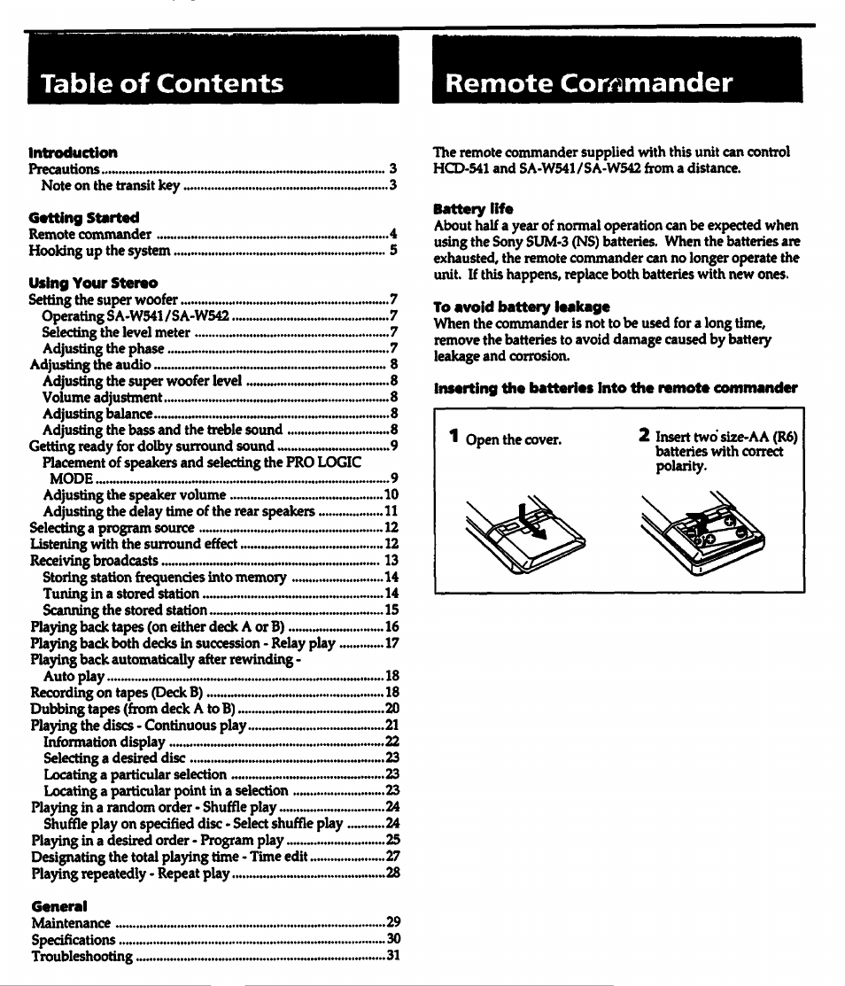 Remote commander, Table of contents remote commander | Sony HCD-541 User Manual | Page 4 / 32