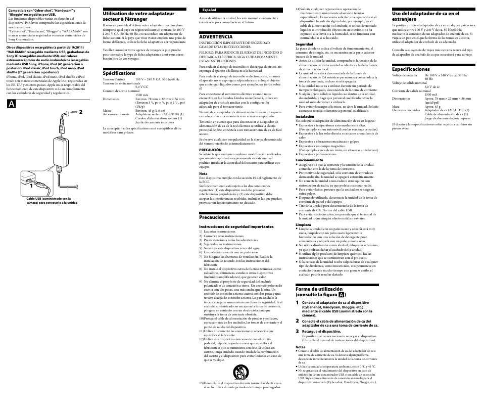 Spécifications, Advertencia, Precauciones | Forma de utilización (consulte la figura  ), Uso del adaptador de ca en el extranjero, Especificaciones | Sony AC-UD10 User Manual | Page 2 / 2
