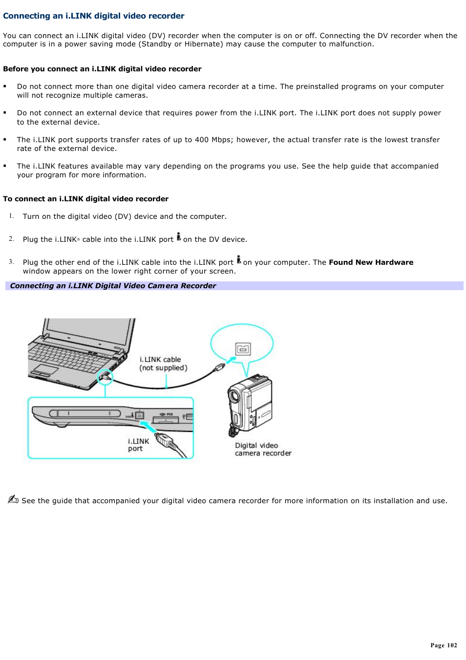 Connecting an i.link digital video recorder | Sony VGN-FS550 User Manual | Page 102 / 202