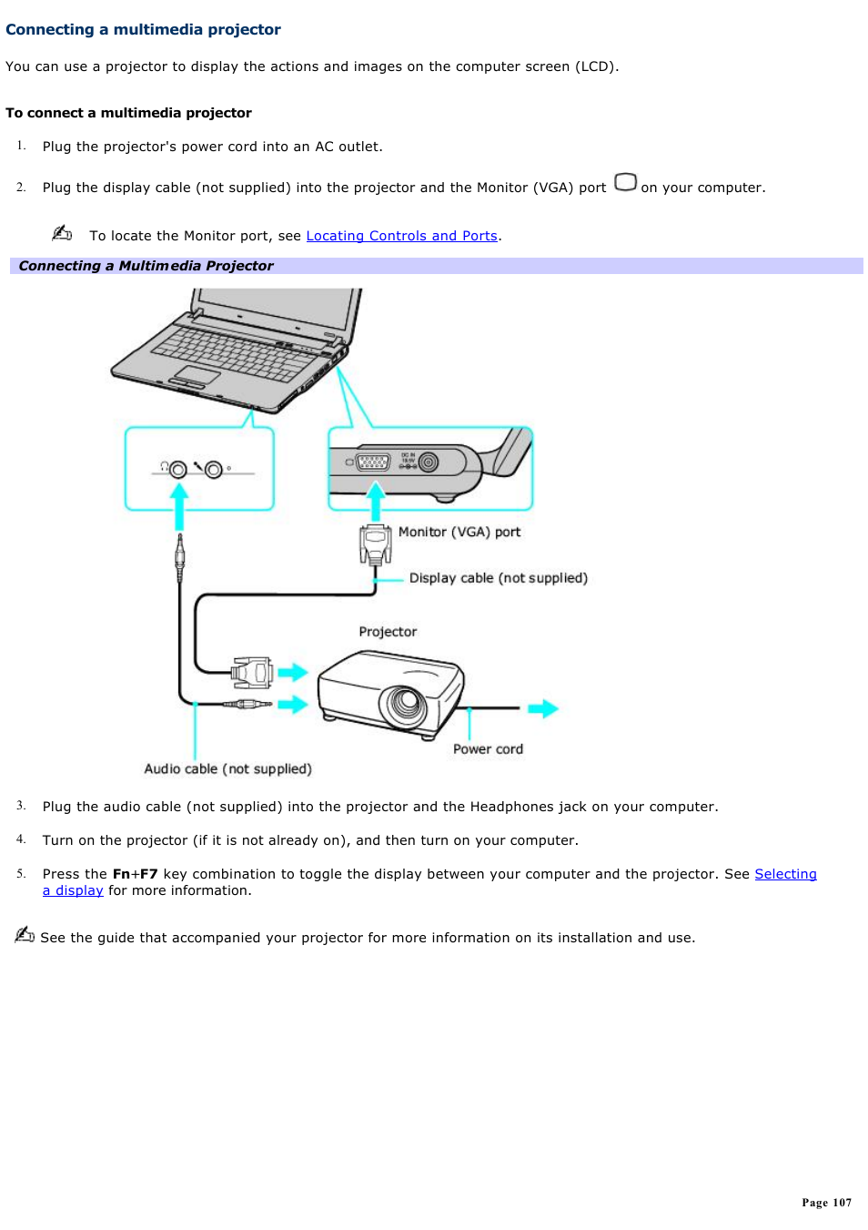 Connecting a multimedia projector | Sony VGN-FS550 User Manual | Page 107 / 202