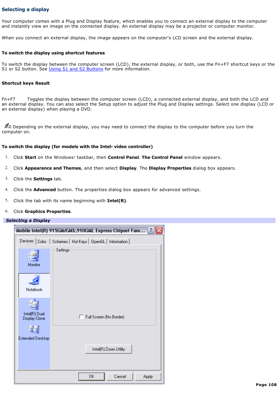 Selecting a display | Sony VGN-FS550 User Manual | Page 108 / 202