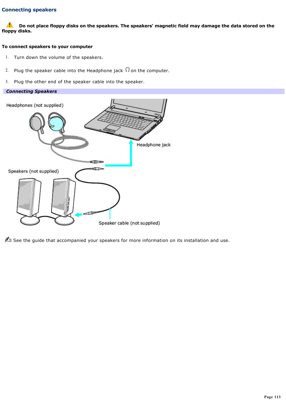 Connecting speakers | Sony VGN-FS550 User Manual | Page 113 / 202