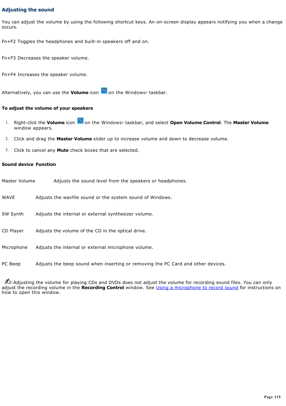 Adjusting the sound | Sony VGN-FS550 User Manual | Page 115 / 202