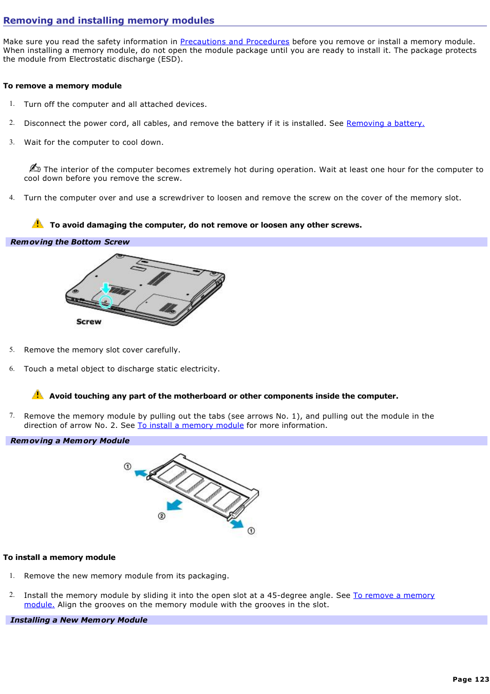 Removing and installing memory modules | Sony VGN-FS550 User Manual | Page 123 / 202