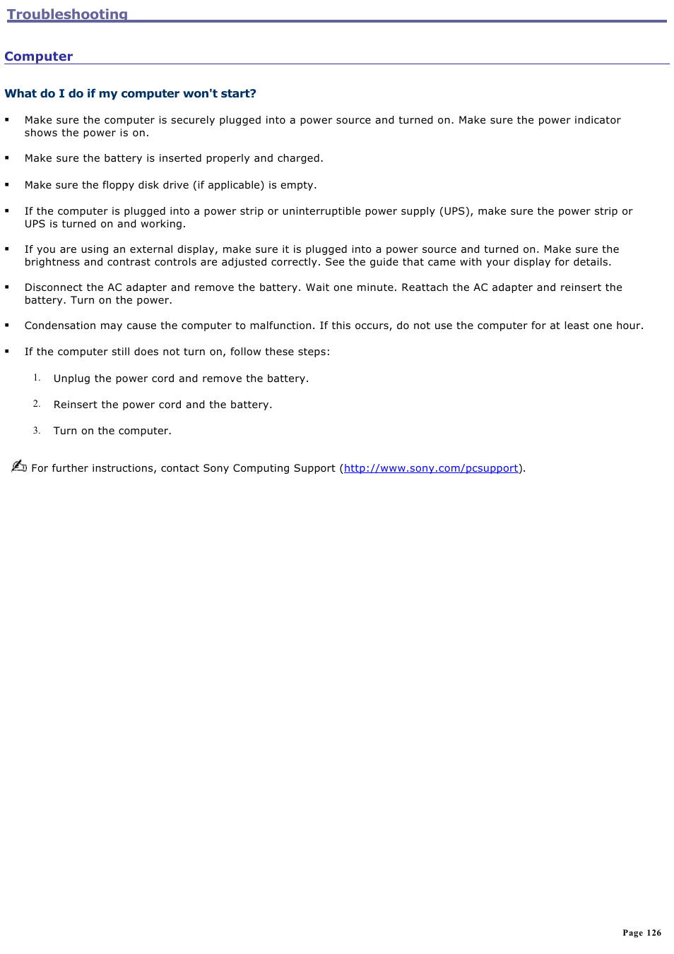 Troubleshooting | Sony VGN-FS550 User Manual | Page 126 / 202