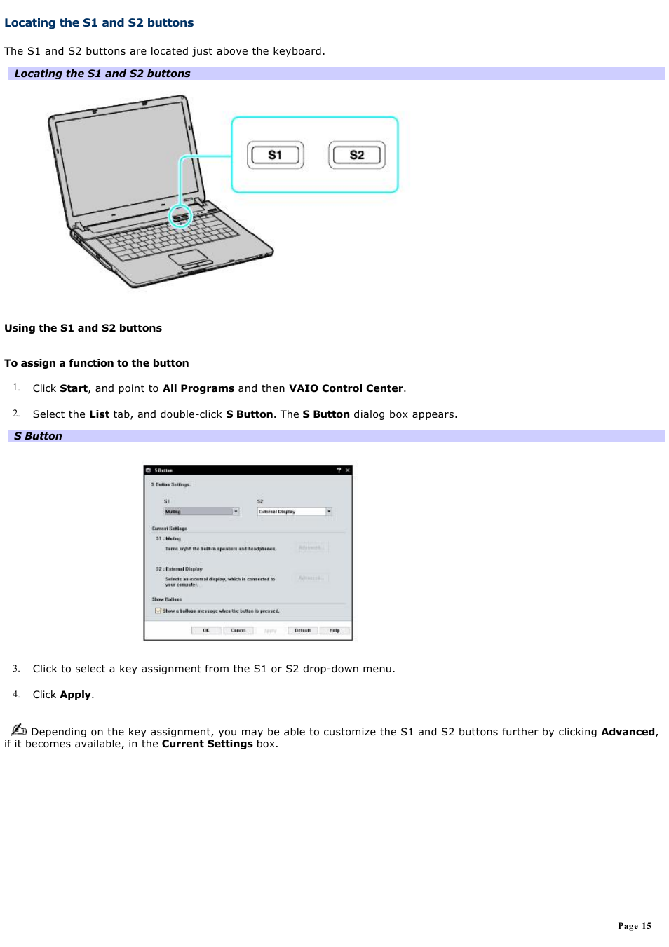 Locating the s1 and s2 buttons | Sony VGN-FS550 User Manual | Page 15 / 202