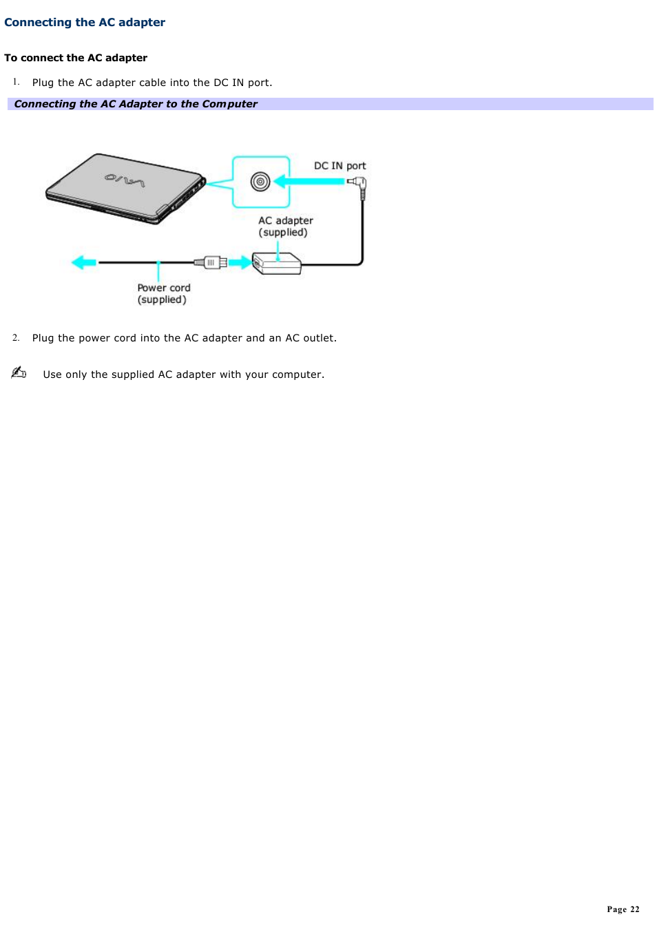 Connecting the ac adapter | Sony VGN-FS550 User Manual | Page 22 / 202