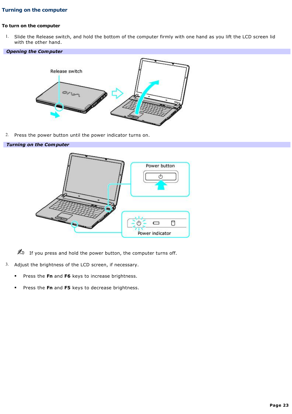 Turning on the computer | Sony VGN-FS550 User Manual | Page 23 / 202